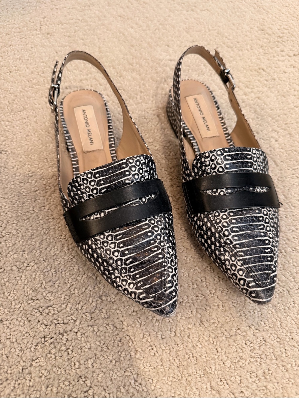 ANTONIO MELANI Black & White Textured Slingback Loafers